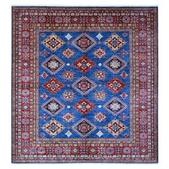 8'x8' Blue Super Kazak Medallions Soft Wool Hand Knotted Square Oriental Rug