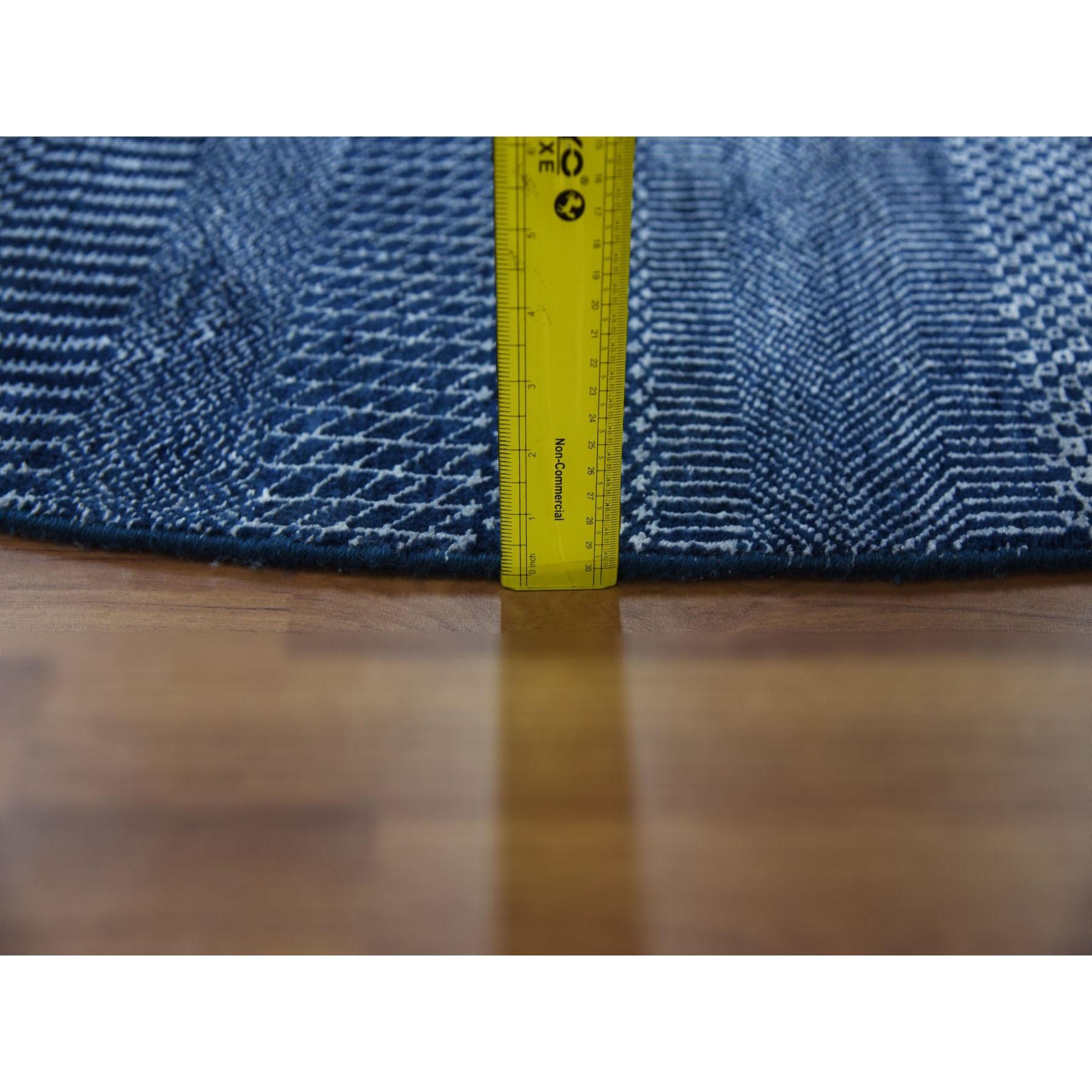 8'x8' Blue, Wool and Silk Hand Knotted, Modern Grass Design Gabbeh Round Rug For Sale 4