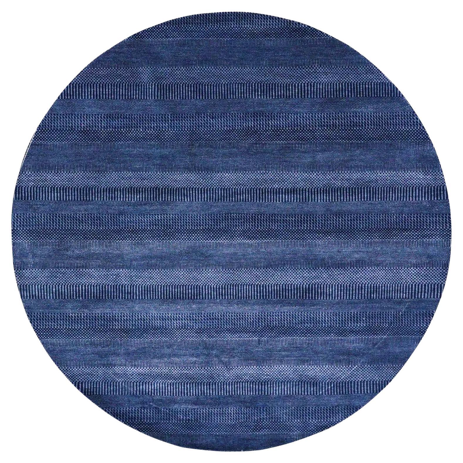 8'x8' Blue, Wool and Silk Hand Knotted, Modern Grass Design Gabbeh Round Rug For Sale
