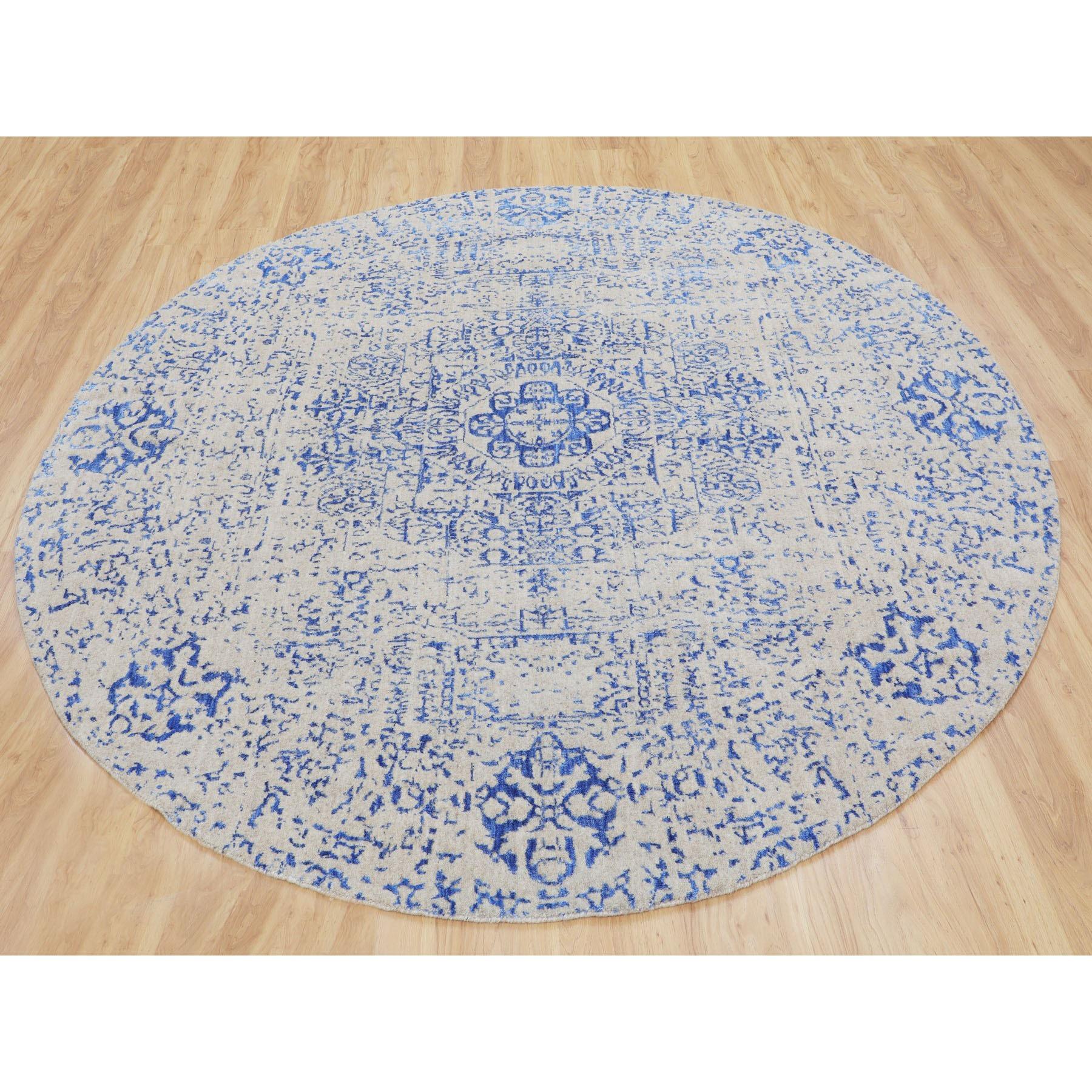 8'x8' Blauer handgefalteter runder Teppich aus Wolle und Seide im Mamluk-Design aus Jacquard (Mittelalterlich) im Angebot