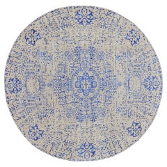 Tapis rond bleu en laine et soie Mamluke Design Jacquard tissé à la main 8'x8'.
