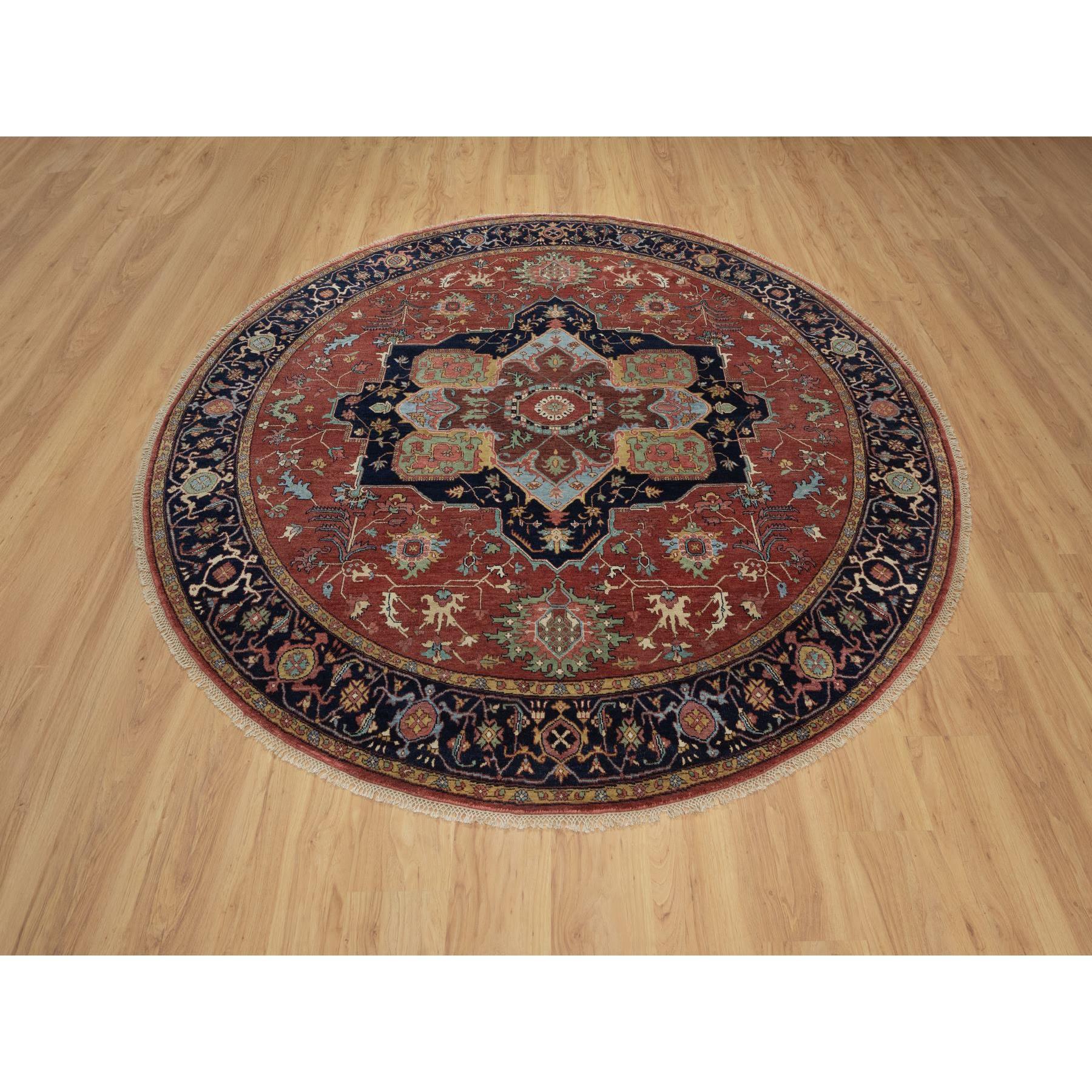 Barn Red, Antiqued Fine Heriz Re-Creation, Denser Weave, Vegetable Dyes, Lush and Plush, 100% Wool, Hand Knotted, Round, Oriental Rug
Primary materials: Wool
Latex: No Pile 
height: 0.25 Inches
Style: Traditional
Primary color: Red
Secondary colors:
