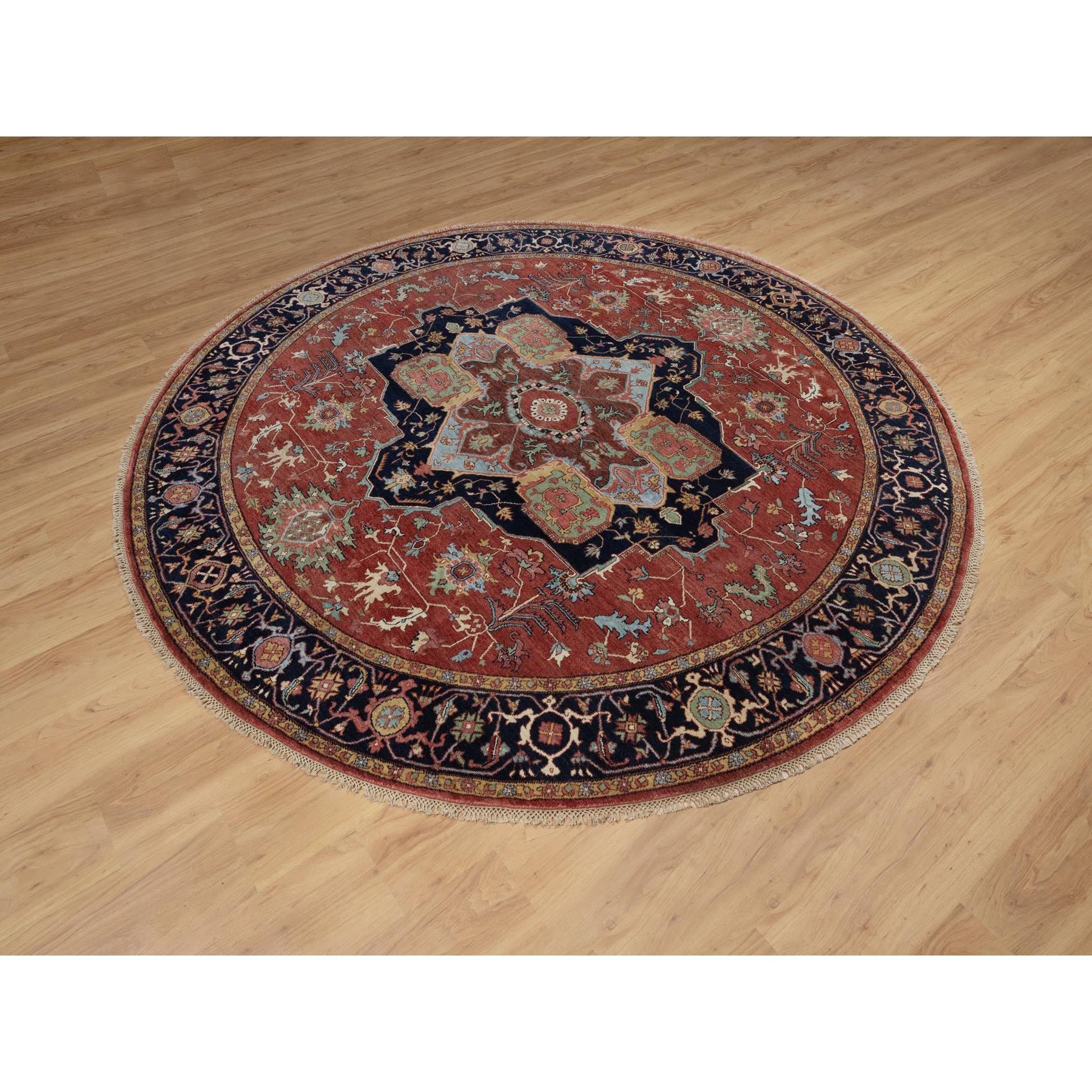 Tribal 8'x8' Brick Red Antiqued Fine Heriz Re-Creation Hand Knotted Wool Round Rug For Sale