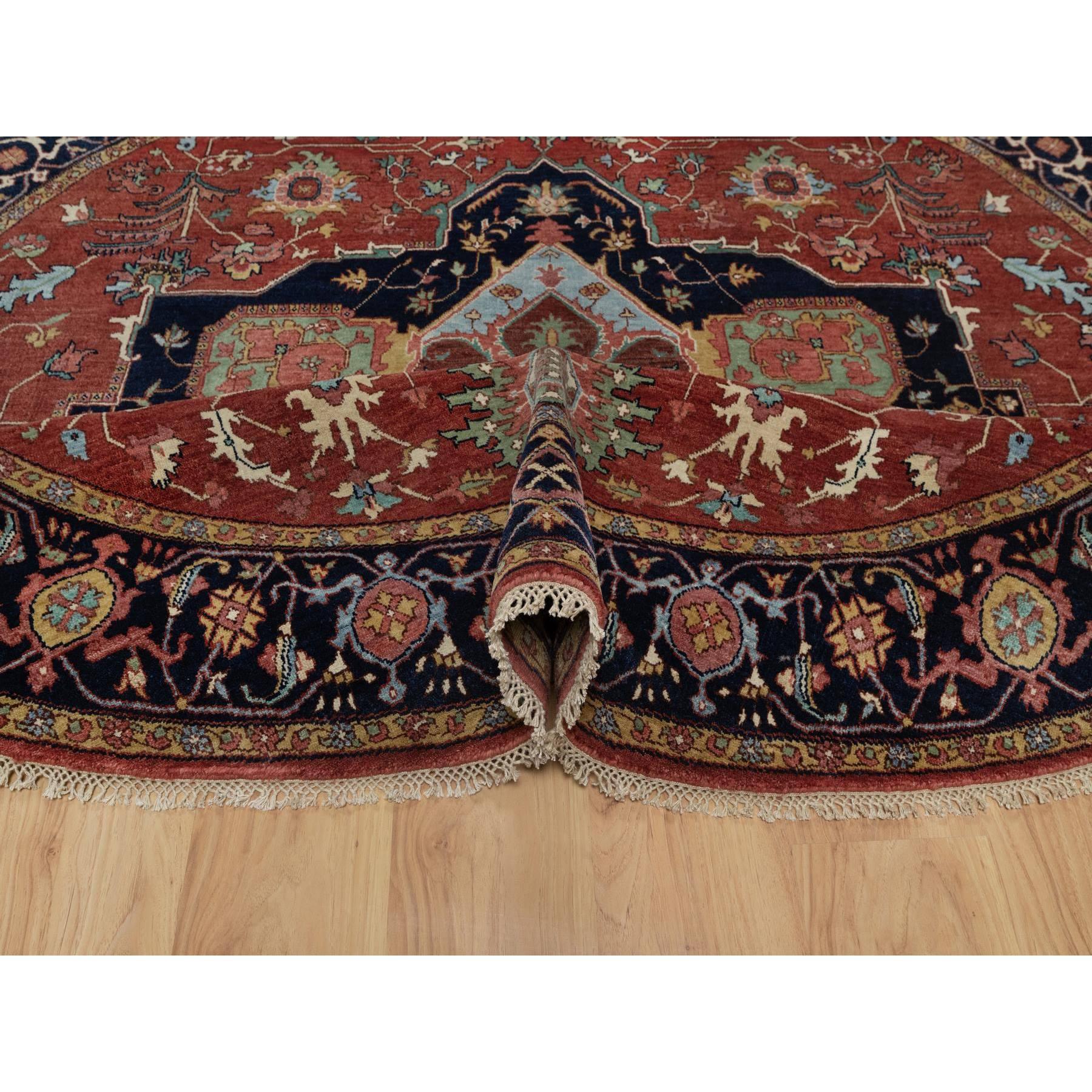Hand-Knotted 8'x8' Brick Red Antiqued Fine Heriz Re-Creation Hand Knotted Wool Round Rug For Sale