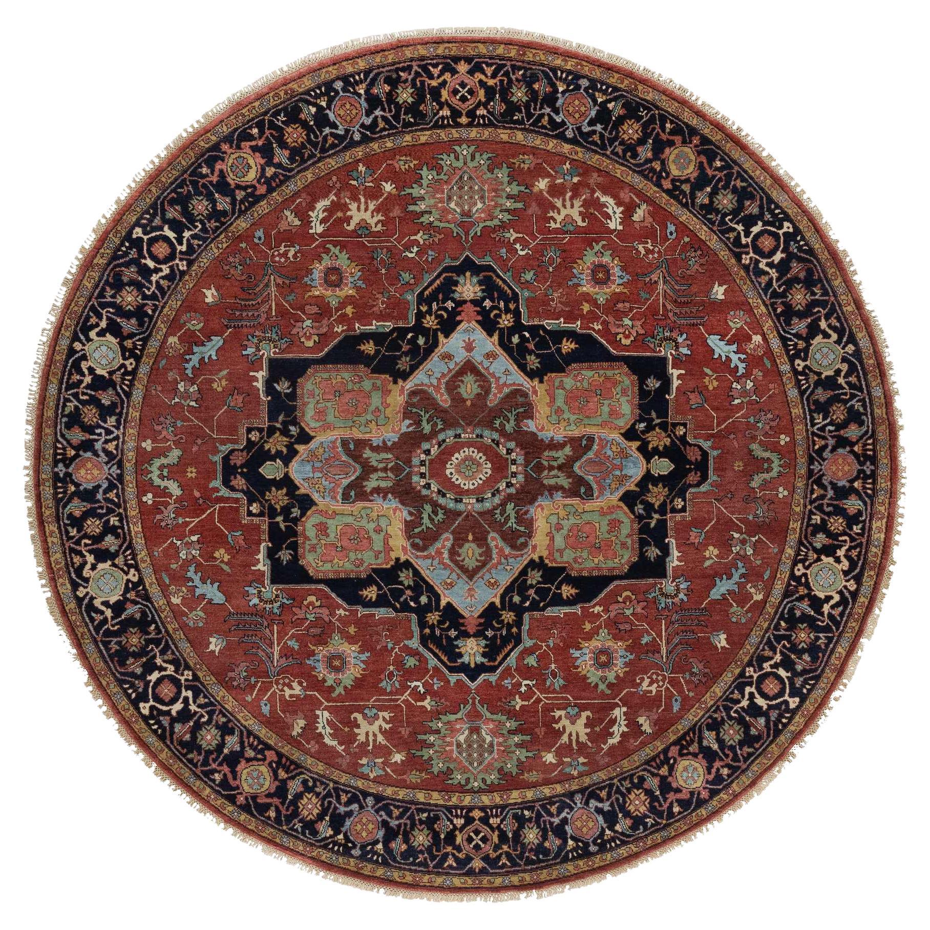 8'x8' Brick Red Antiqued Fine Heriz Re-Creation Hand Knotted Wool Round Rug