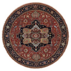 8'x8' Brick Red Antiqued Fine Heriz Re-Creation Hand Knotted Wool Round Rug