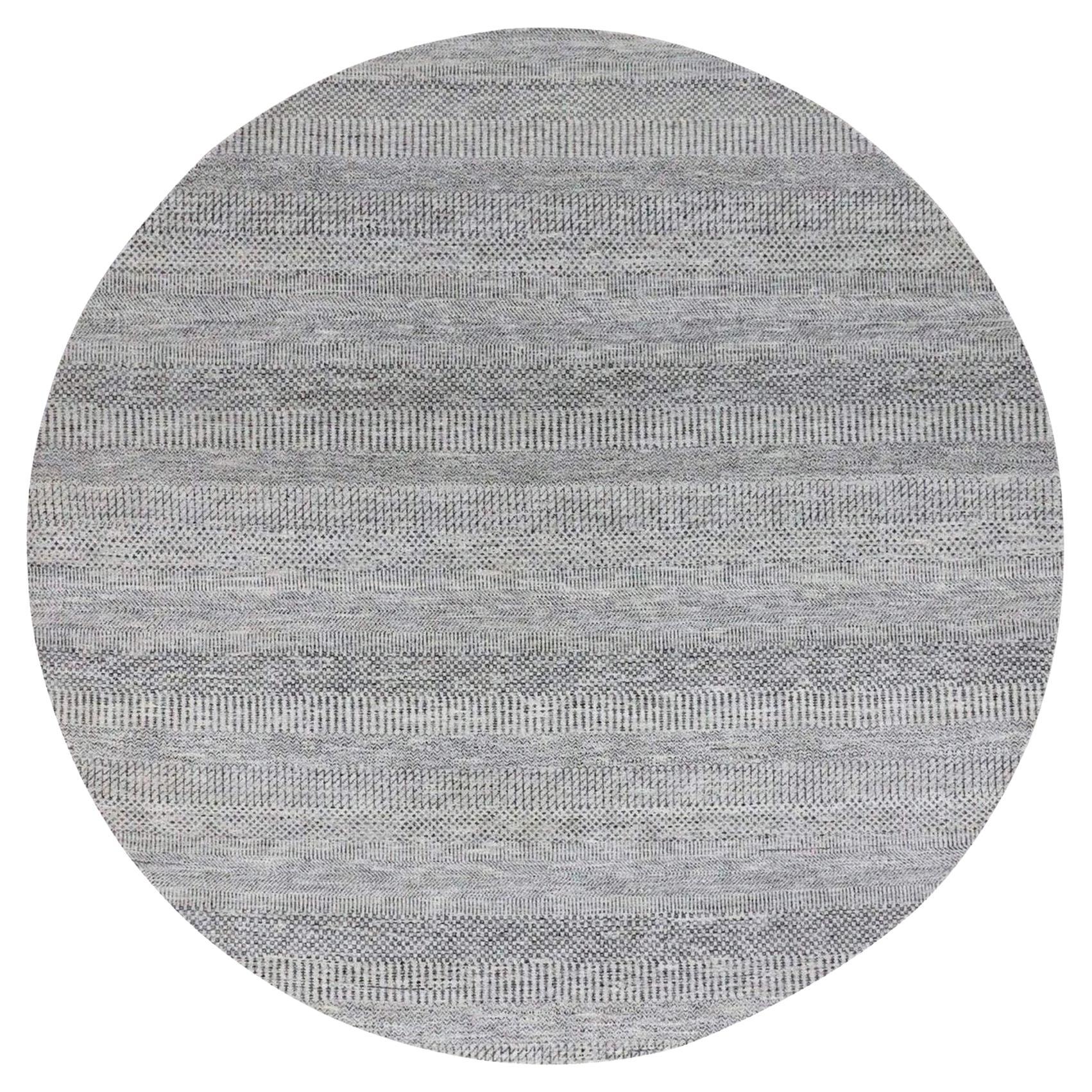 Alfombra de lana pura sin teñir redonda con diseño de hierba anudada a mano gris brillante de 8'x8'
