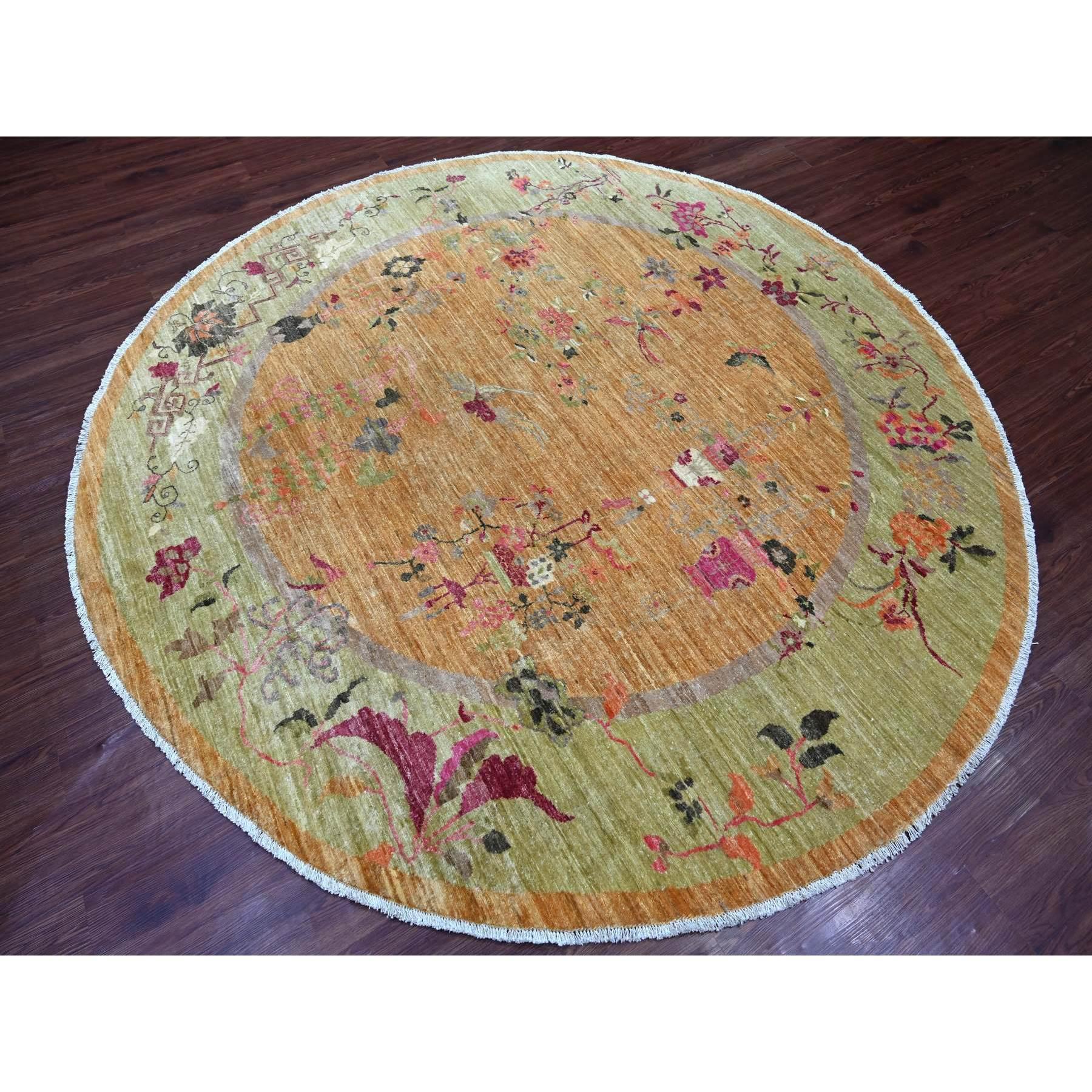 Afghan 8'x8' Tapis rond en laine nouée à la main Peshawar d'inspiration Art déco chinois marron en vente