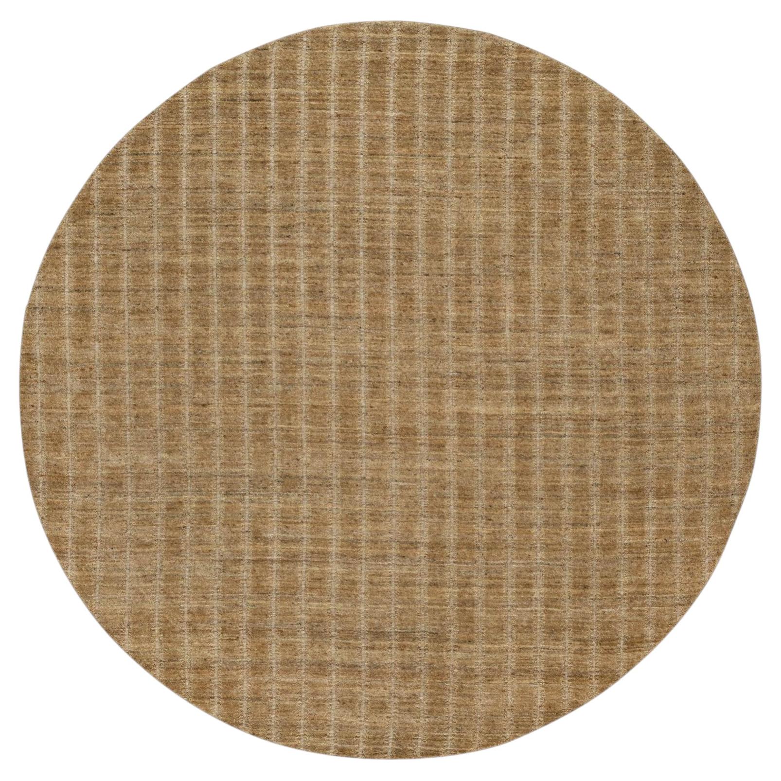 8'x8' Brown Vertical Stripes Design Natural Wool Hand Loomed Runner Rug