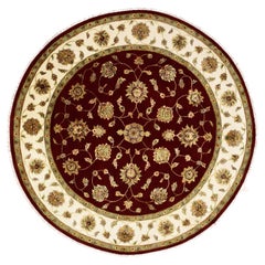 8'x8' Burgundy Red, Wool and Silk Hand Knotted, Rajasthan Design Round Rug
