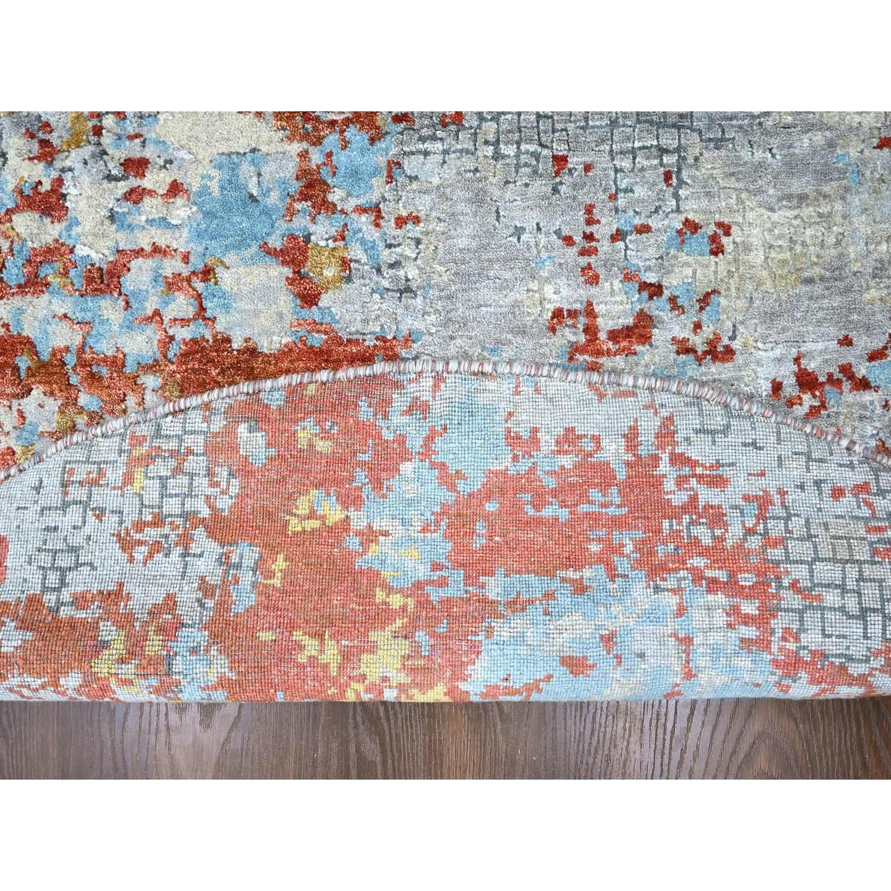 Moderne Tapis rond en laine et soie nouée à la main 8'x8' Orange brûlé Mosaïque Abstract Design en vente