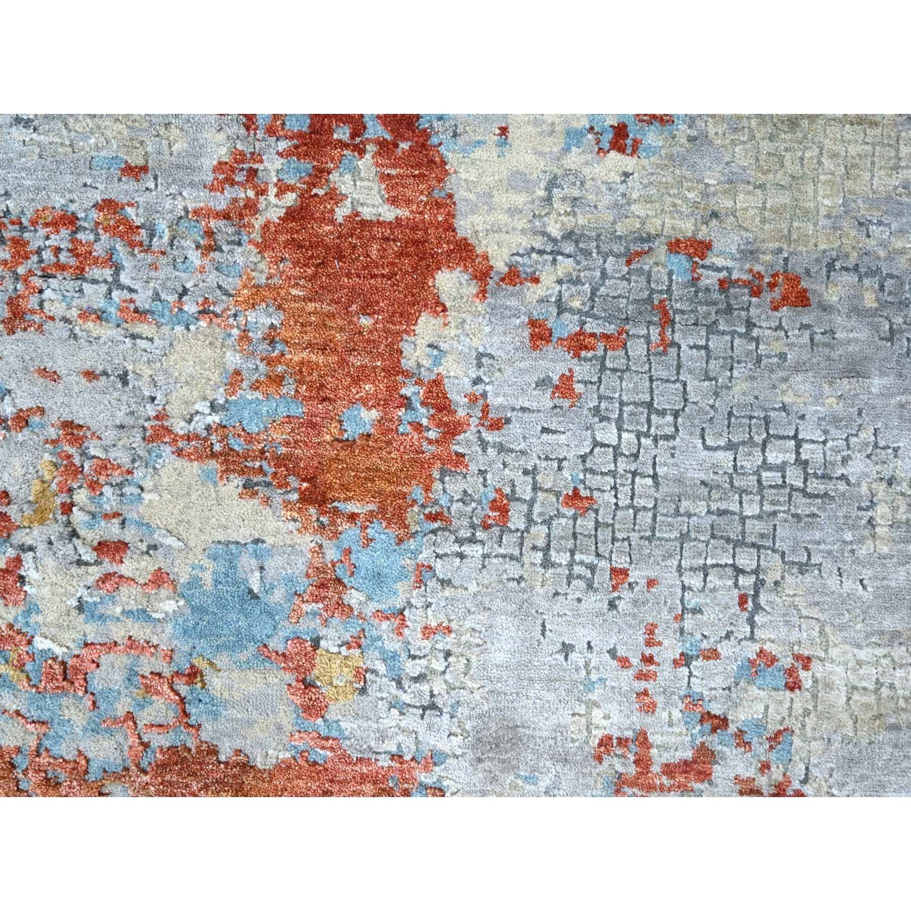Noué à la main Tapis rond en laine et soie nouée à la main 8'x8' Orange brûlé Mosaïque Abstract Design en vente