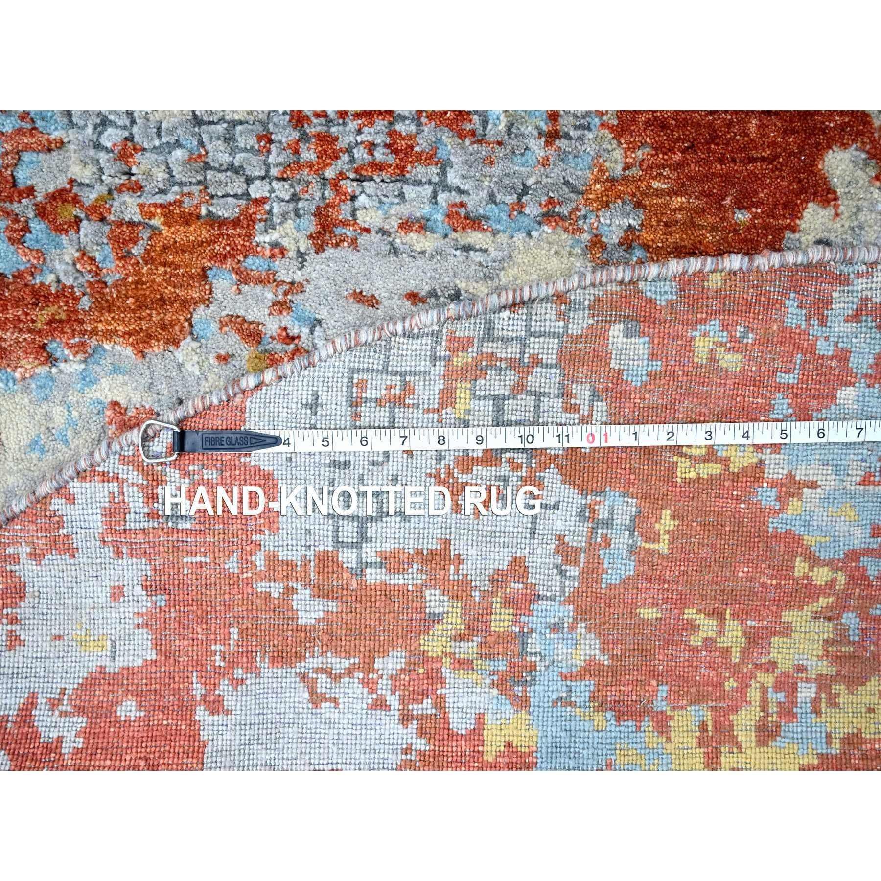 Laine Tapis rond en laine et soie nouée à la main 8'x8' Orange brûlé Mosaïque Abstract Design en vente