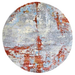 8'x8' Burnt Orange Abstract Mosaic Design Wool & Silk Hand Knotted Round Rug