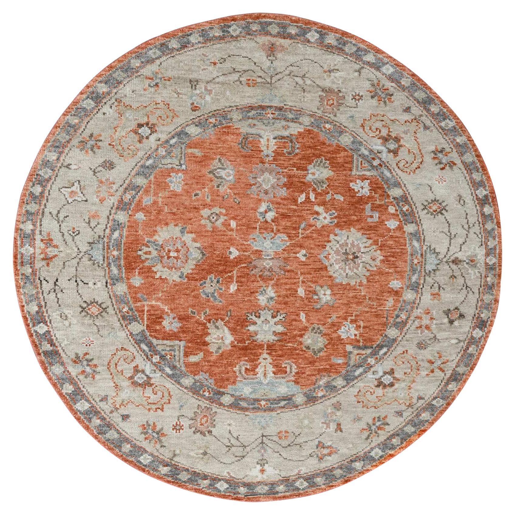 8'x8' Burnt Orange Oushak Design Soft Wool Hand Knotted Round Oriental Rug