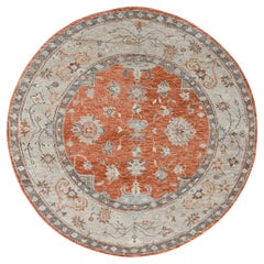 8'x8' Burnt Orange Oushak Design Soft Wool Hand Knotted Round Oriental Rug