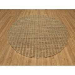 8'x8' Camel Brown Undyed Wool Vertical Stripes Design Hand Loomed Round Rug