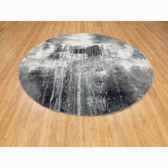 8'x8' Nero carbone Design astratto Lana e seta annodato a mano Tappeto orientale rotondo