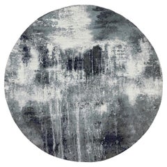 8'x8' Charcoal Black Abstract Design Wool & Silk Hand Knotted Round Oriental Rug