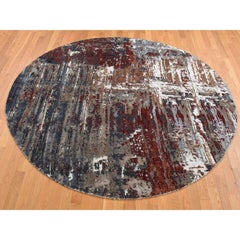 8'x8' Charcoal Gray, Abstract Design, Wool and Silk, Hand Knotted Round Rug