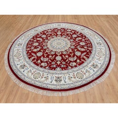 8'x8' Cherry Red, Wool Hand Knotted, Nain Flower Design 250 KPSI Round Rug