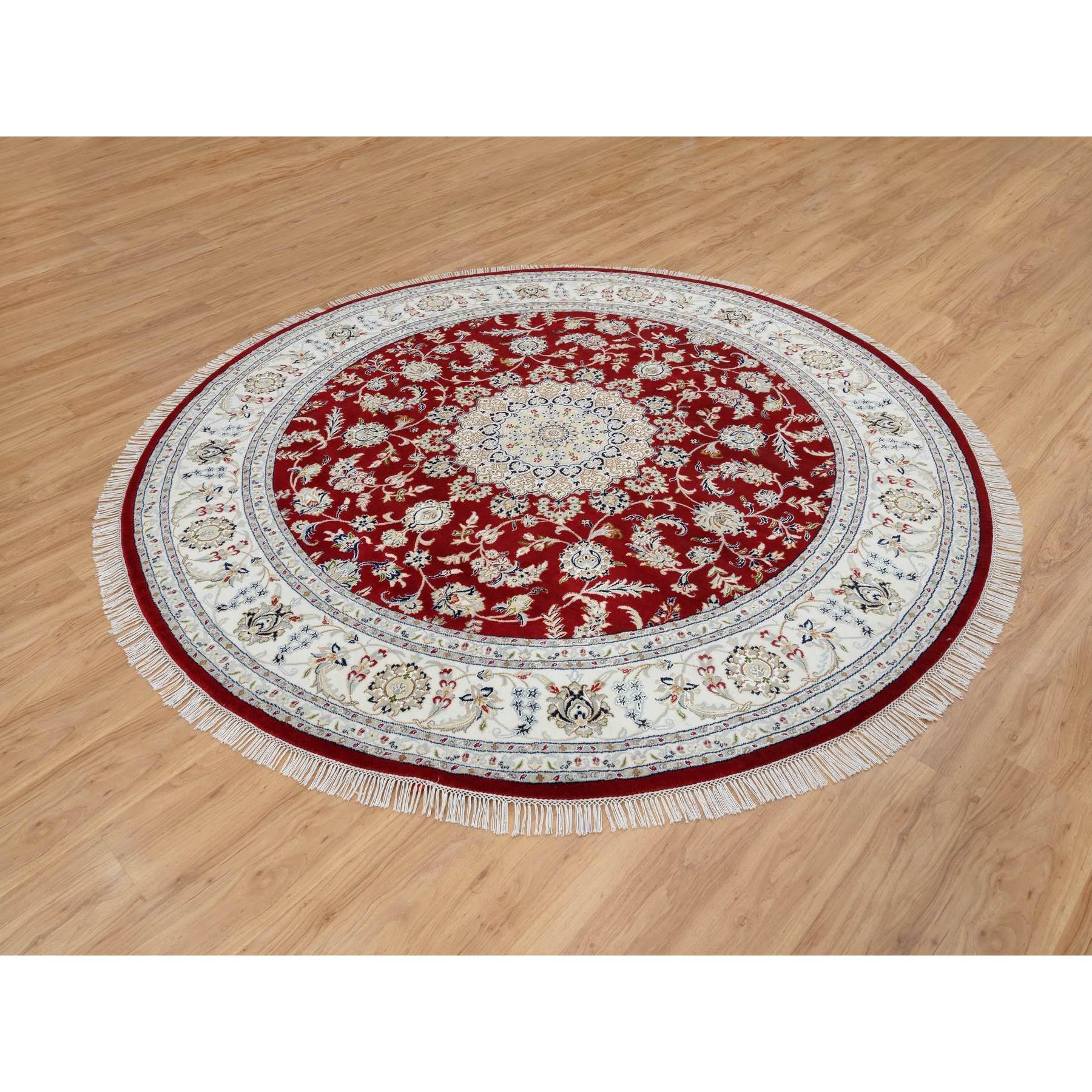 Medieval 8'x8' Cherry Red, Wool Hand Knotted, Nain Flower Design 250 KPSI Round Rug For Sale