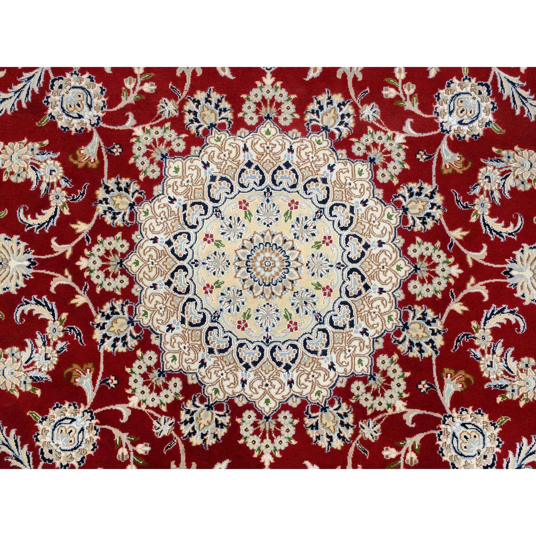 Silk 8'x8' Cherry Red, Wool Hand Knotted, Nain Flower Design 250 KPSI Round Rug For Sale
