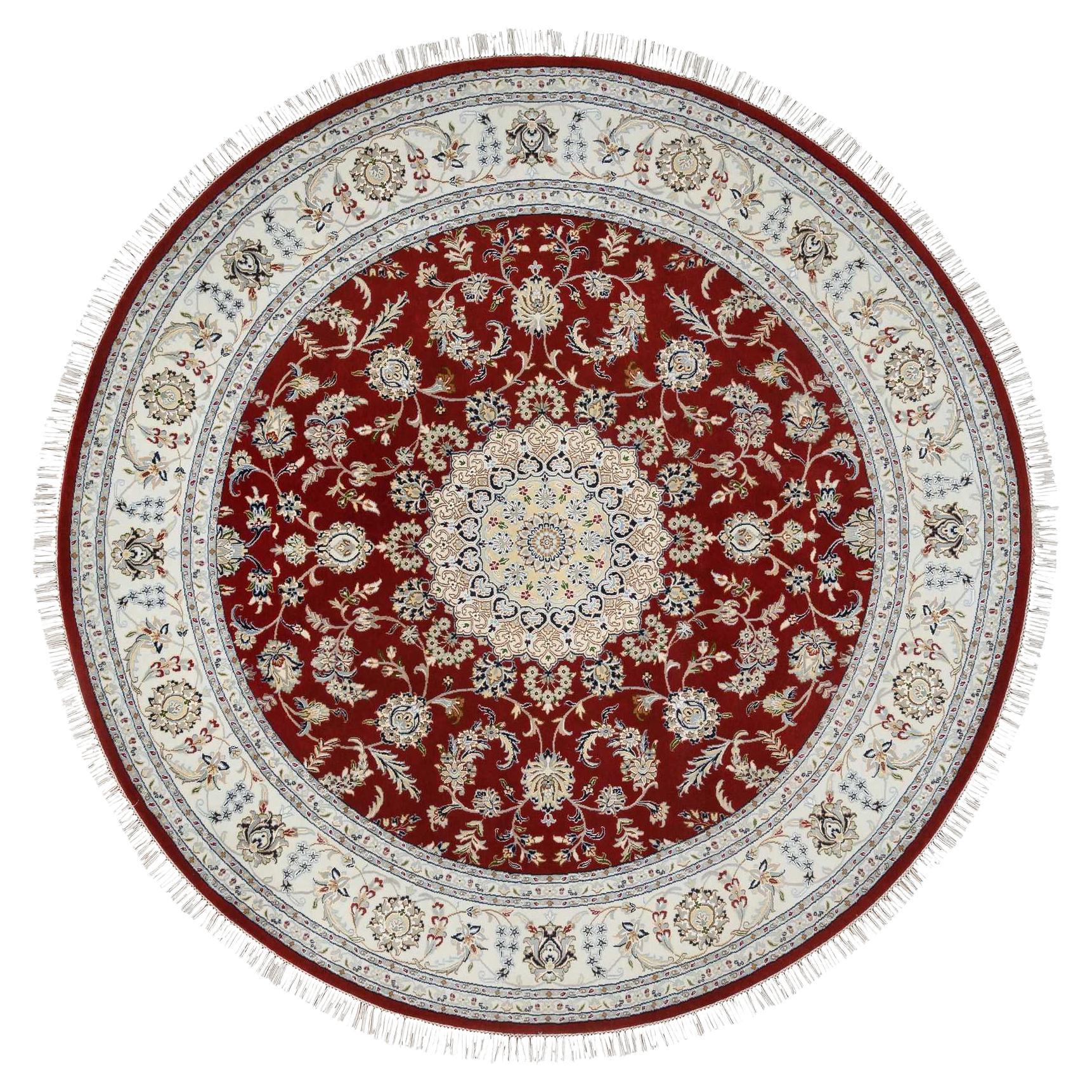 8
x8
 Cherry Red, Wool Hand Knotted, Nain Flower Design 250 KPSI Round Rug