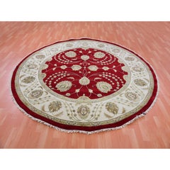 8'x8' Cranberry Zing Red Rajasthan Wool Silk Hand Knotted Round Oriental Rug
