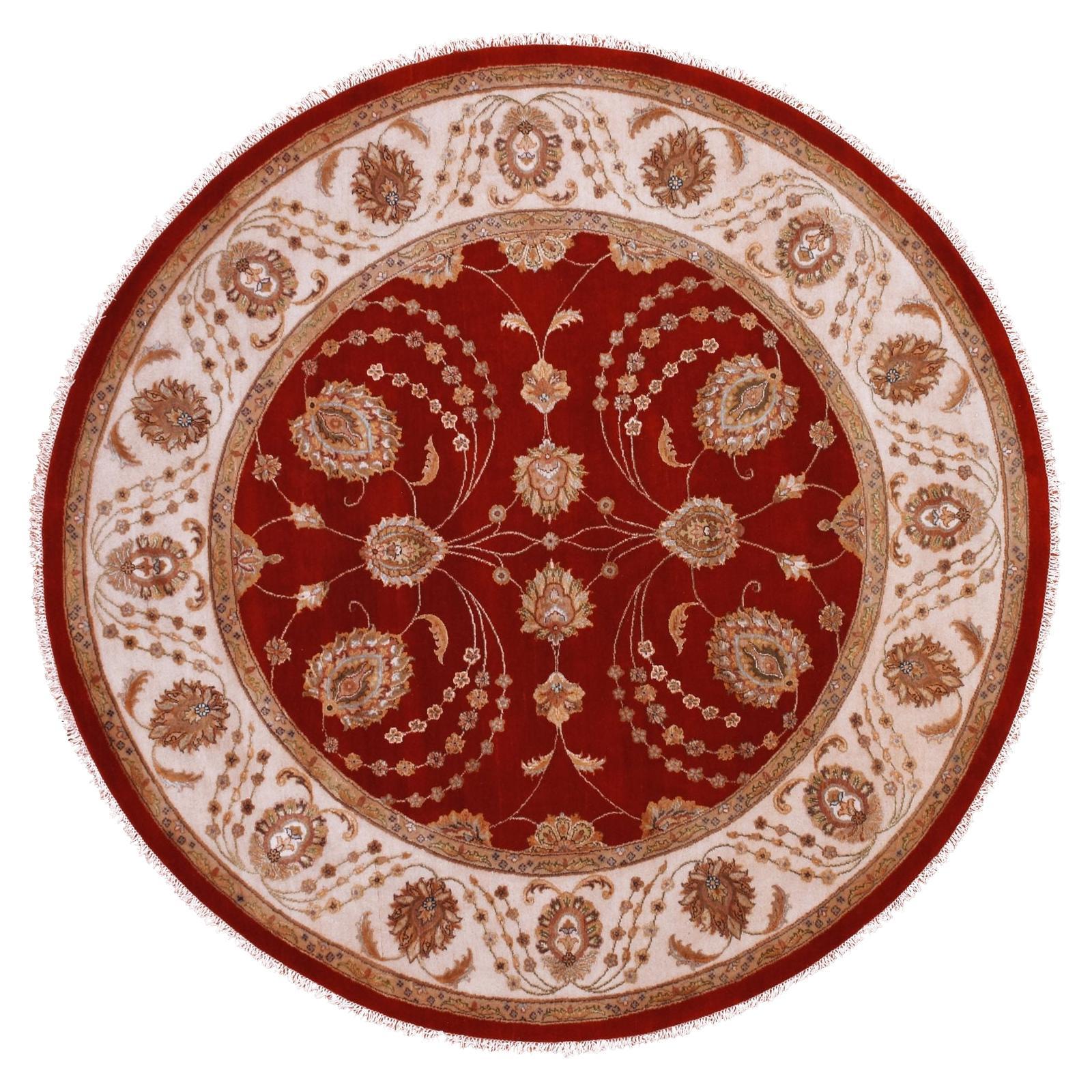 8'x8' Cranberry Zing Red Rajasthan Wool Silk Hand Knotted Round Oriental Rugs (Tappeto orientale rotondo in lana e seta)