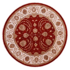 8'x8' Alfombra Oriental Redonda Anudada a Mano de Lana y Seda de Rajastán Rojo Zing Arándano