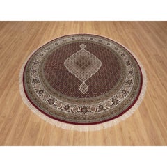 8'x8' Crimson Red Tabriz Mahi Fish Medallion Design 100% Wool Round Rug