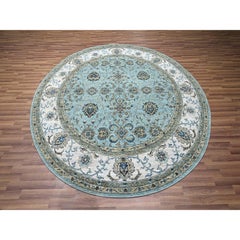 8'x8' Crystal Blue Agra Shah Abbas Vines Design Hand Knotted Wool Round Rug
