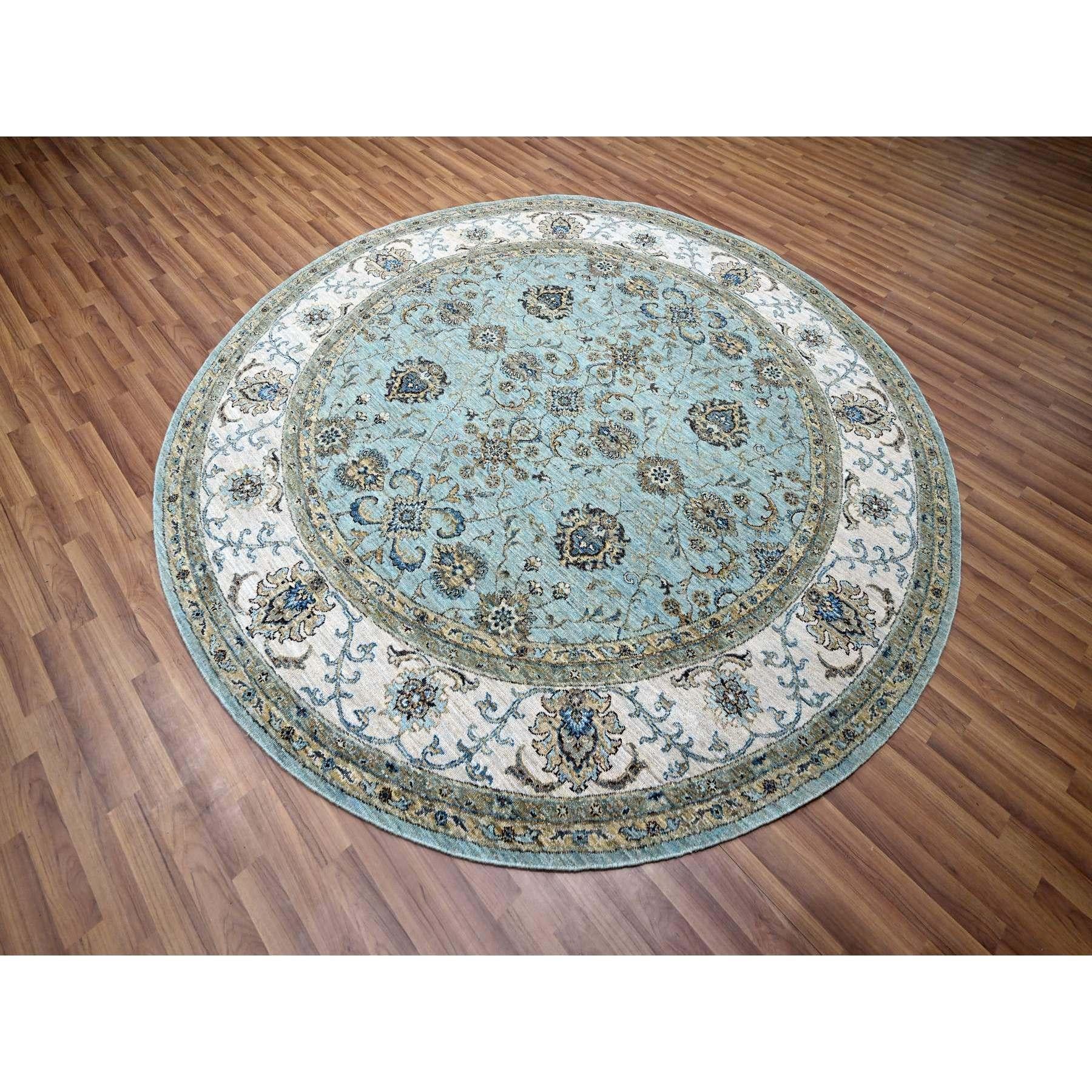 Indiano 8'x8' Crystal Blue Agra Shah Abbas Vines Design Hand Knotted Wool Round Rug in vendita