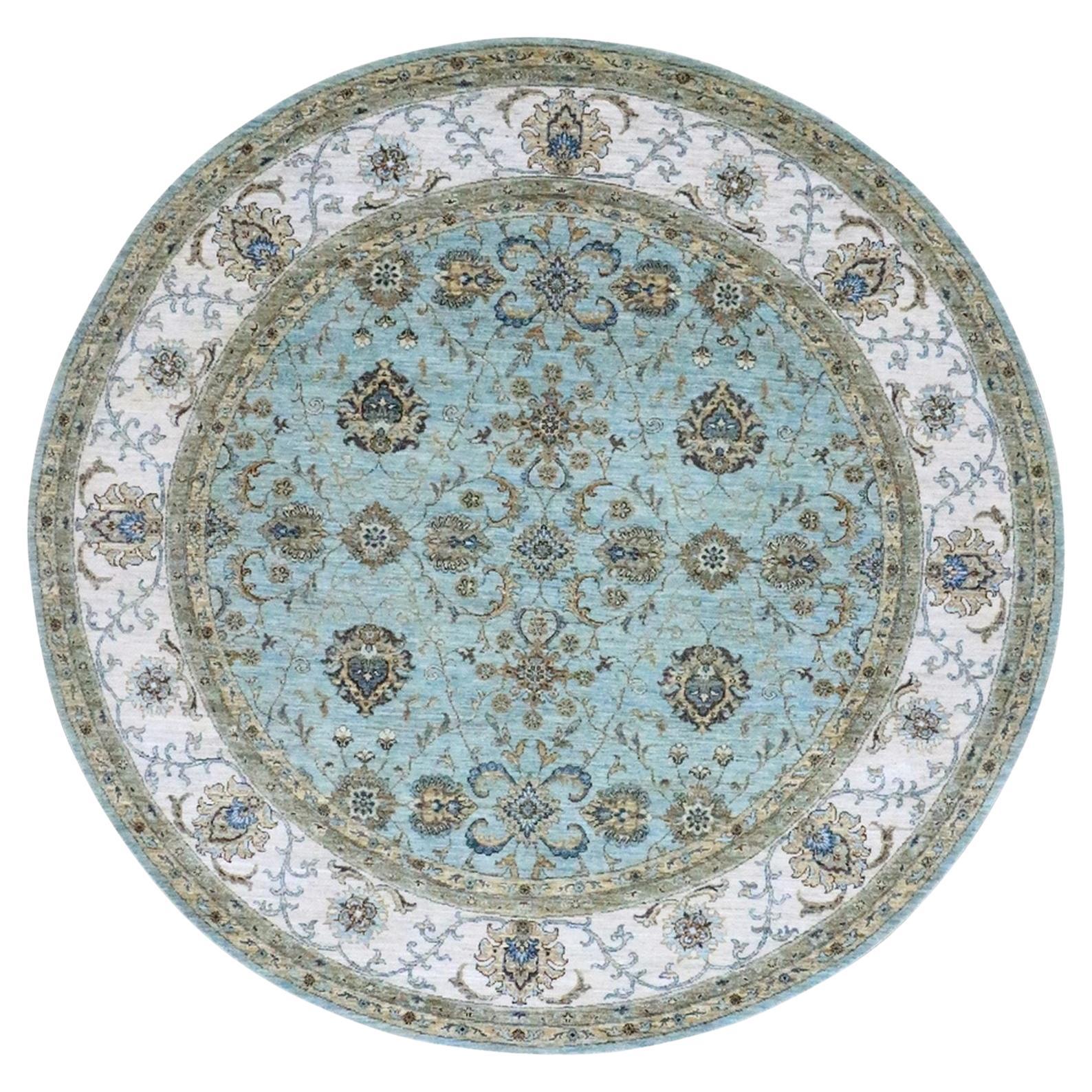 8'x8' Crystal Blue Agra Shah Abbas Vines Design Hand Knotted Wool Round Rug