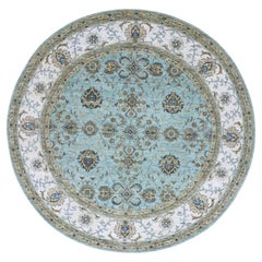 8'x8' Crystal Blue Agra Shah Abbas Vines Design Hand Knotted Wool Round Rug