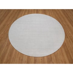 8'x8' Daisy White Hand Loomed Plain Modern Striae Design Polyester Round Rug