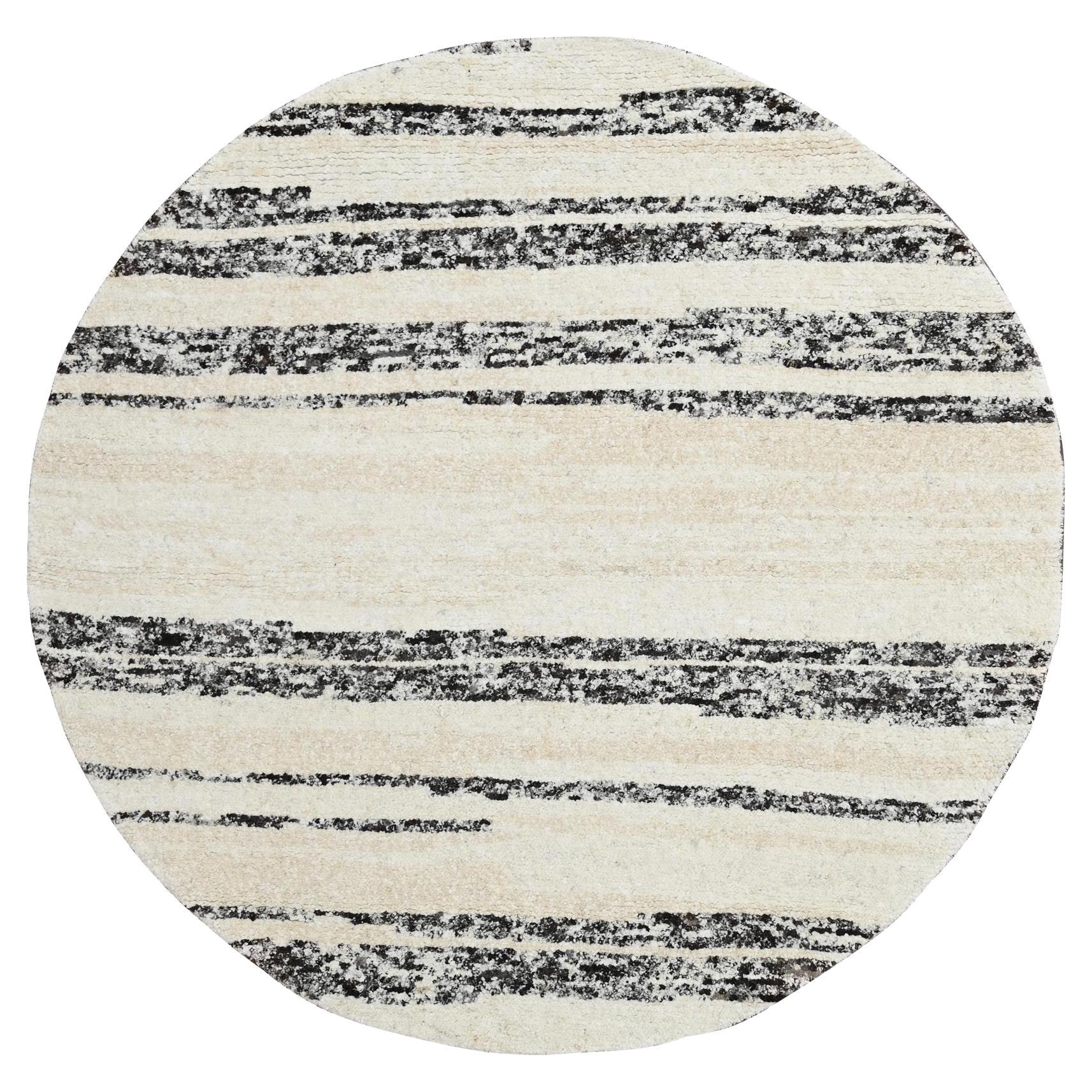 8'x8' Dunkelbraun und Elfenbein Striae Design Wolle Hand geknüpft Runde Teppich