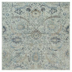 8'x8' Delicate White Sickle Leaf Hand Knotted Silk and Wool Square Rug