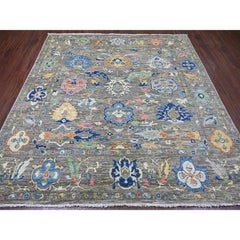 8'x8' Dim Gris Angora Anudada a Mano Diseño Hoja Oushak Lana Pura Alfombra Oriental