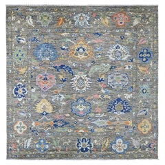 8'x8' Dim Gris Angora Anudada a Mano Diseño Hoja Oushak Lana Pura Alfombra Oriental