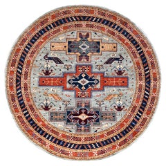 Tapis rond distance 8'x8' arménien caucasien gris étoilé noué à la main