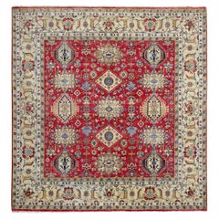 8'x8' Fire Brick Red Hand Knotted Wool Karajeh Design Square Oriental Rug
