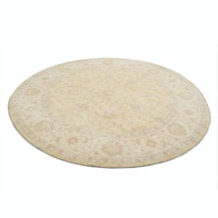 8x8 ft Hand Knotted Round Rug. Beige Oushak Carpet with Floral Medallion Pattern