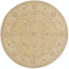 8x8 ft Hand Knotted Round Rug. Beige Oushak Carpet with Floral Medallion Pattern