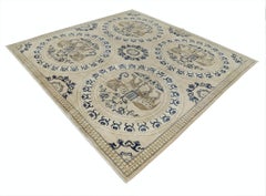 8x8 ft Handmade Beige und Marineblau Quadratische Teppich mit Elefanten Medaillon Design