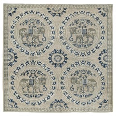 8x8 ft Handmade Beige und Marineblau Quadratische Teppich mit Elefanten Medaillon Design