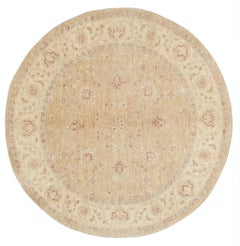 8x8 ft Luxury Hand Knotted Round Wool Area Rug. Beige Tribal Style Large Carpet