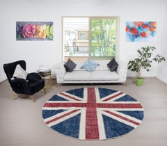 8x8 Ft Round Handmade Patchwork Rug. Union Jack British Flag Design Carpet
