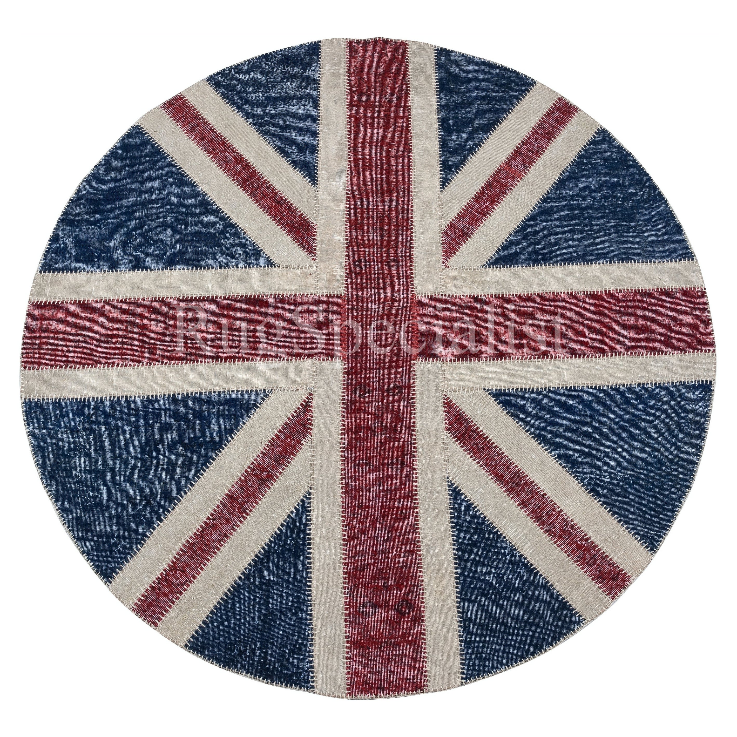 8x8 Ft Round Handmade Patchwork Rug. Union Jack British Flag Design Carpet For Sale